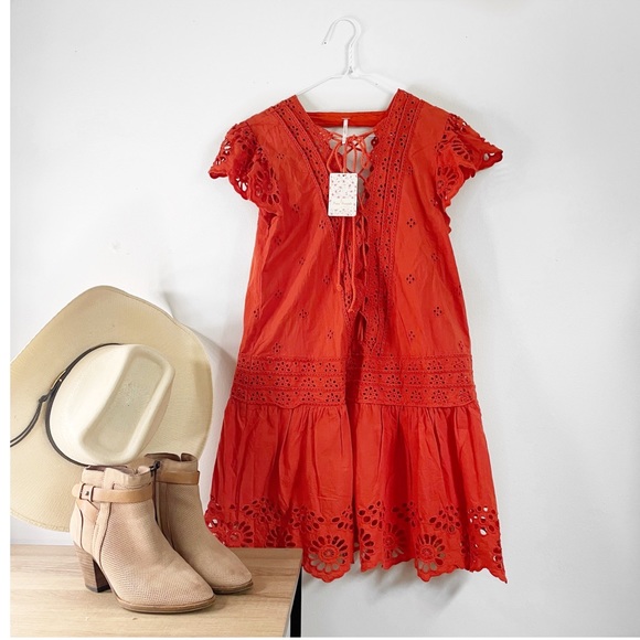 Free People Esperanza Orange Eyelet Mini Dress Size Small - Picture 13 of 15